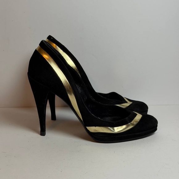 Gucci Shoes - Gucci Black Suede Heels w Gold Metallic Inlay Size 36